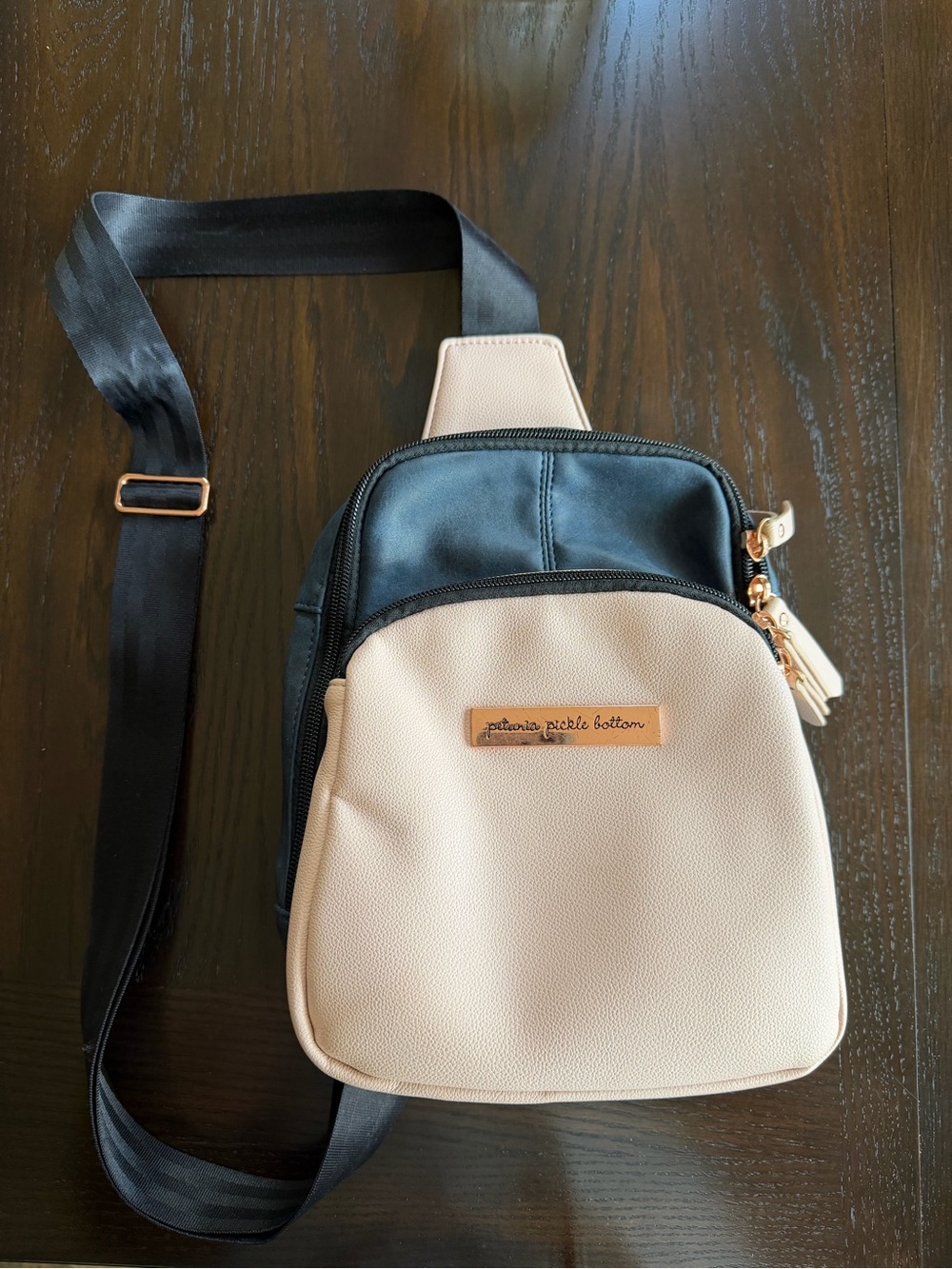 Petunia Pickle Bottom Beige and Black Sling Bag with Gold Hardware